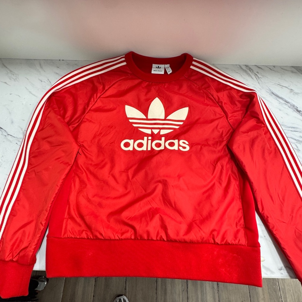 adidas Red Crewneck with White Trefoil and Stripes